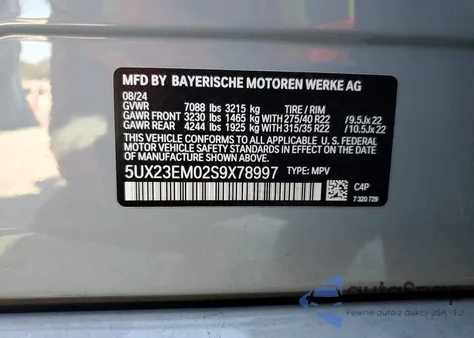 2025 BMW X7 xDrive40I z USA, uszkodzony, nr VIN 5UX23EM02S9X78997